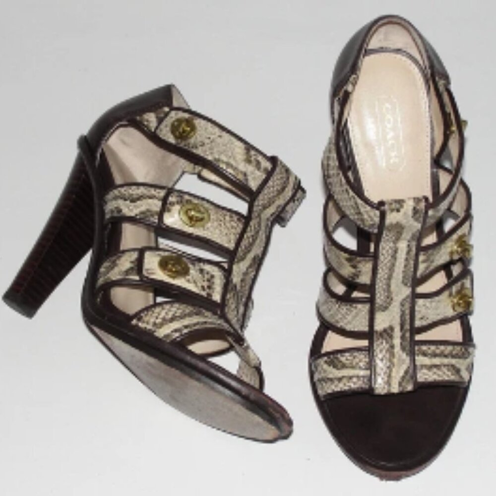 COACH~SNAKESKIN~GOLD TURNLOCK *TAMARAH* 4" STACKED WOOD~ HEELS~PUMPS SANDALS